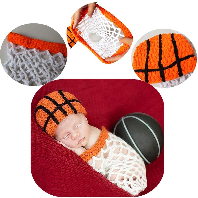 Brenaly Infant Basketball Photography Props Crochet Costume Outfits Orange Hat+White Basket Photo Shoot Props for 3-6 Months Newborn Baby Boy Girl - Image 4